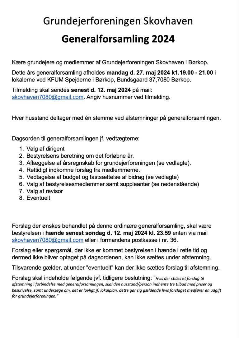 Forslag til afstemning på generalforsamling 27.maj 2024